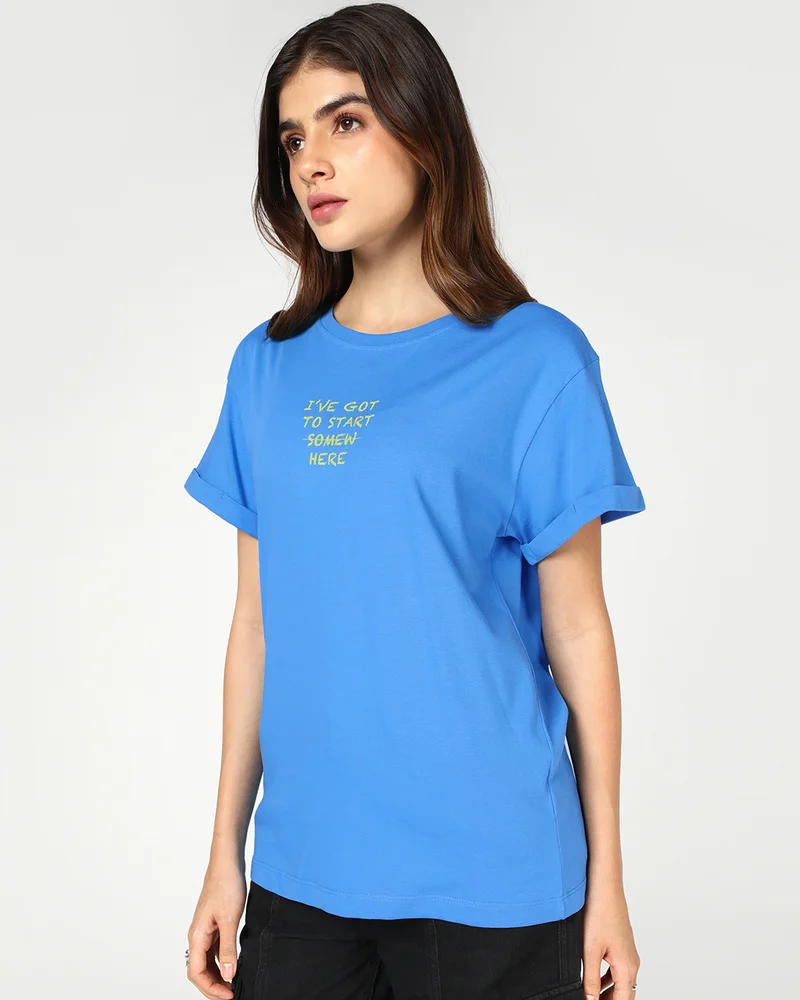 bewakoof Women's Azure Blue Start Typography Boyfriend T-shirt